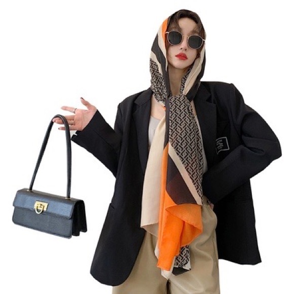 NEW Orange Black Cream Geometric Art Deco Printed Fashion Scarf - Picture 12 of 13